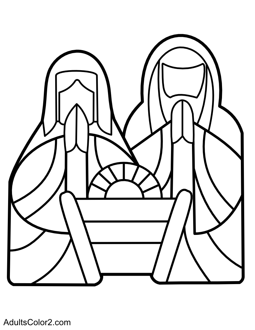 Line drawing of Baby Jesus and family in the manger.