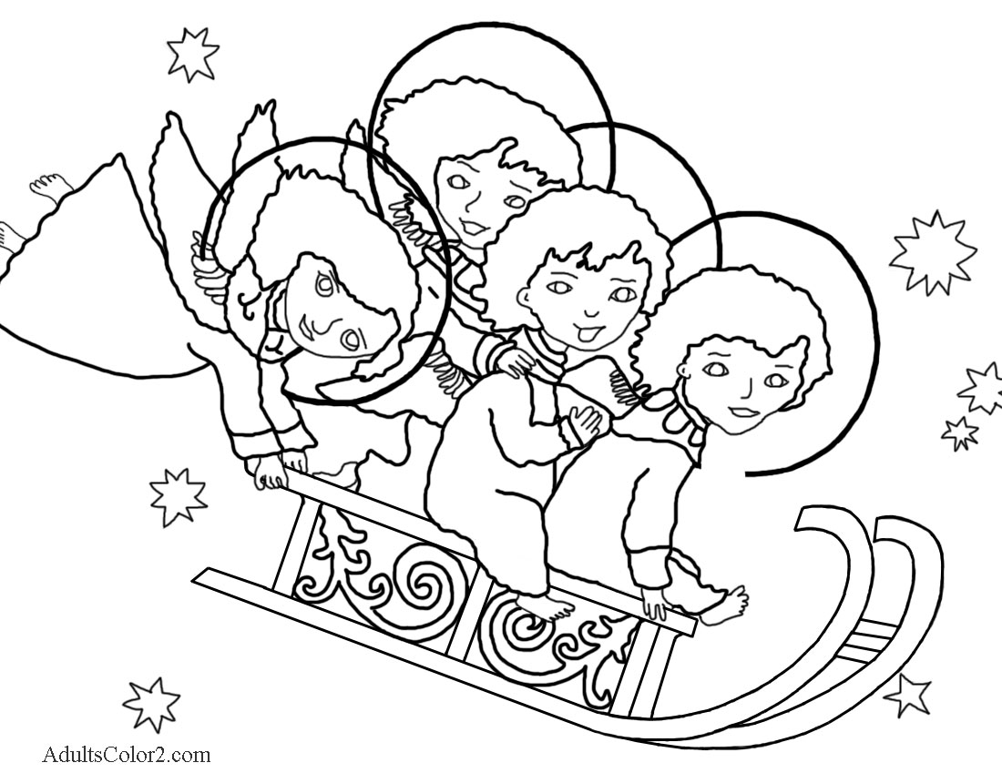 Line drawing of four angels sledding.