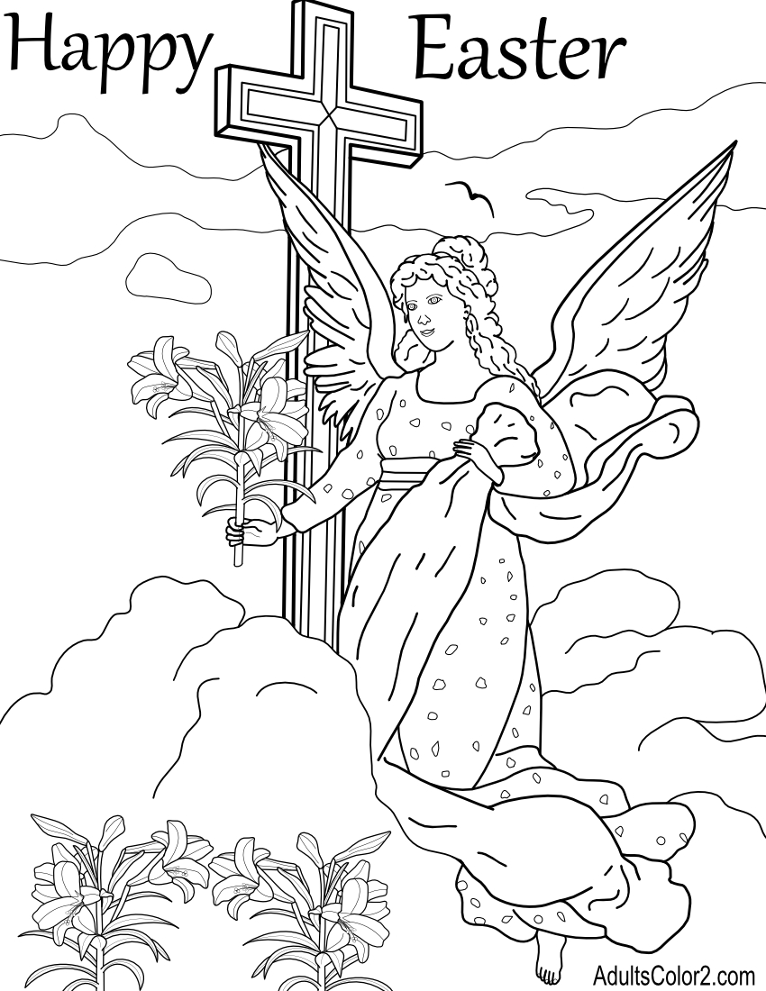 Angel with cross and Easter lilies.