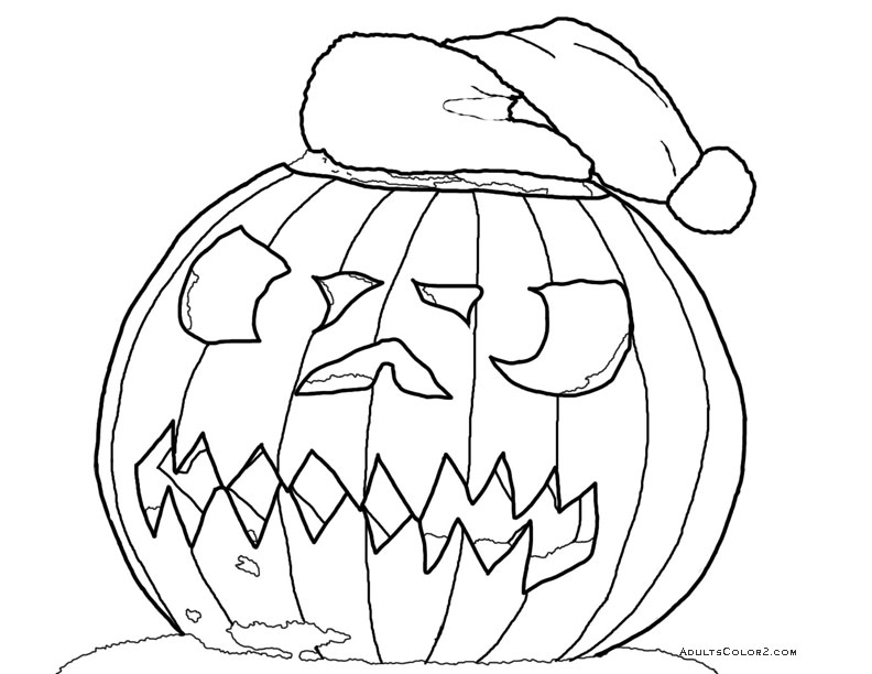 Line drawing of a carved pumpkin with Santa hat.