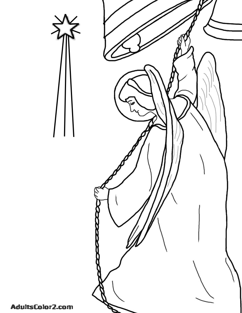 Line drawing of a Christmas angel ringing bell.