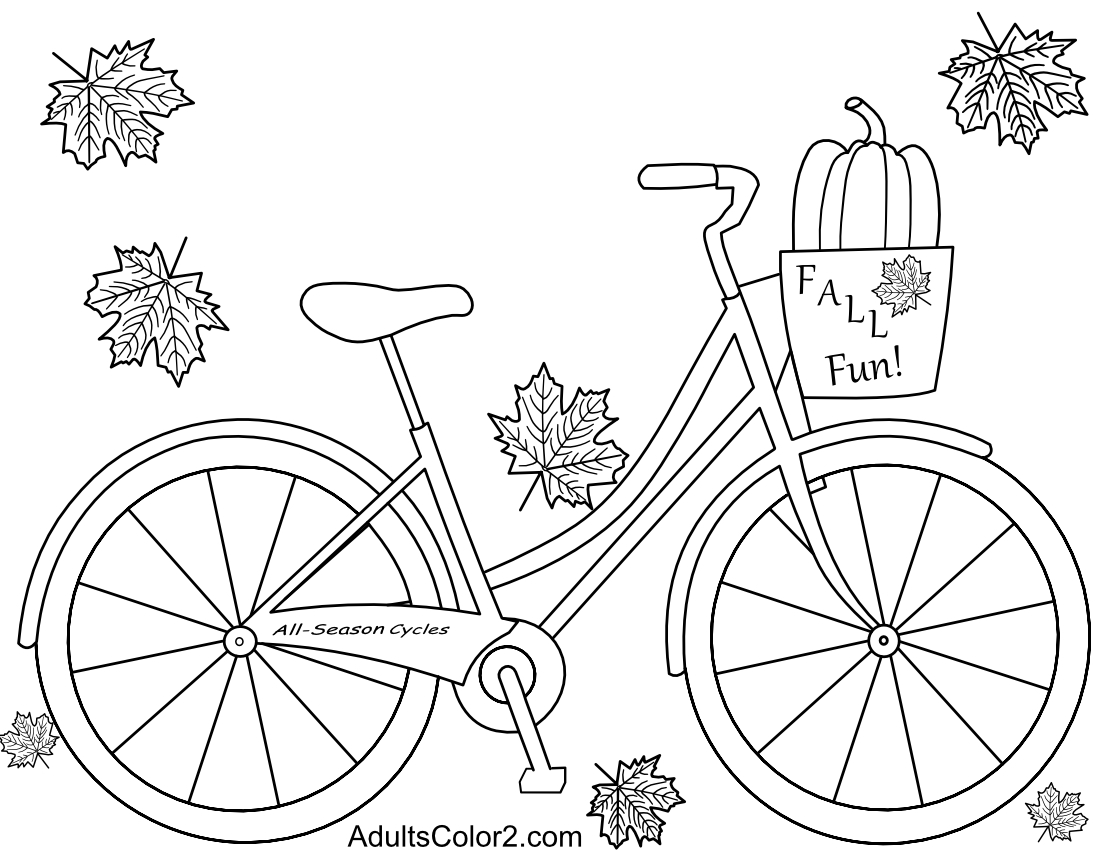 A drawing of a bike with a pumpkin in the basket highlighted with gently falling leaves.