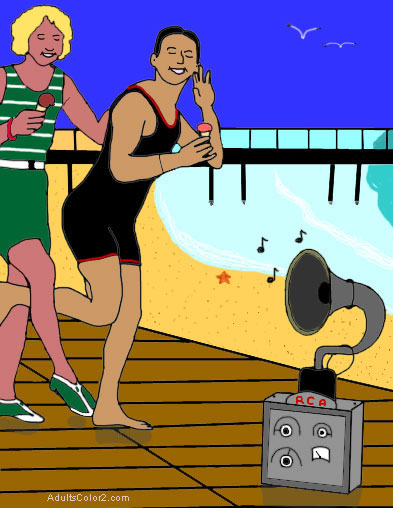 1923 radio dance party on the beach. Beach party from 1923.