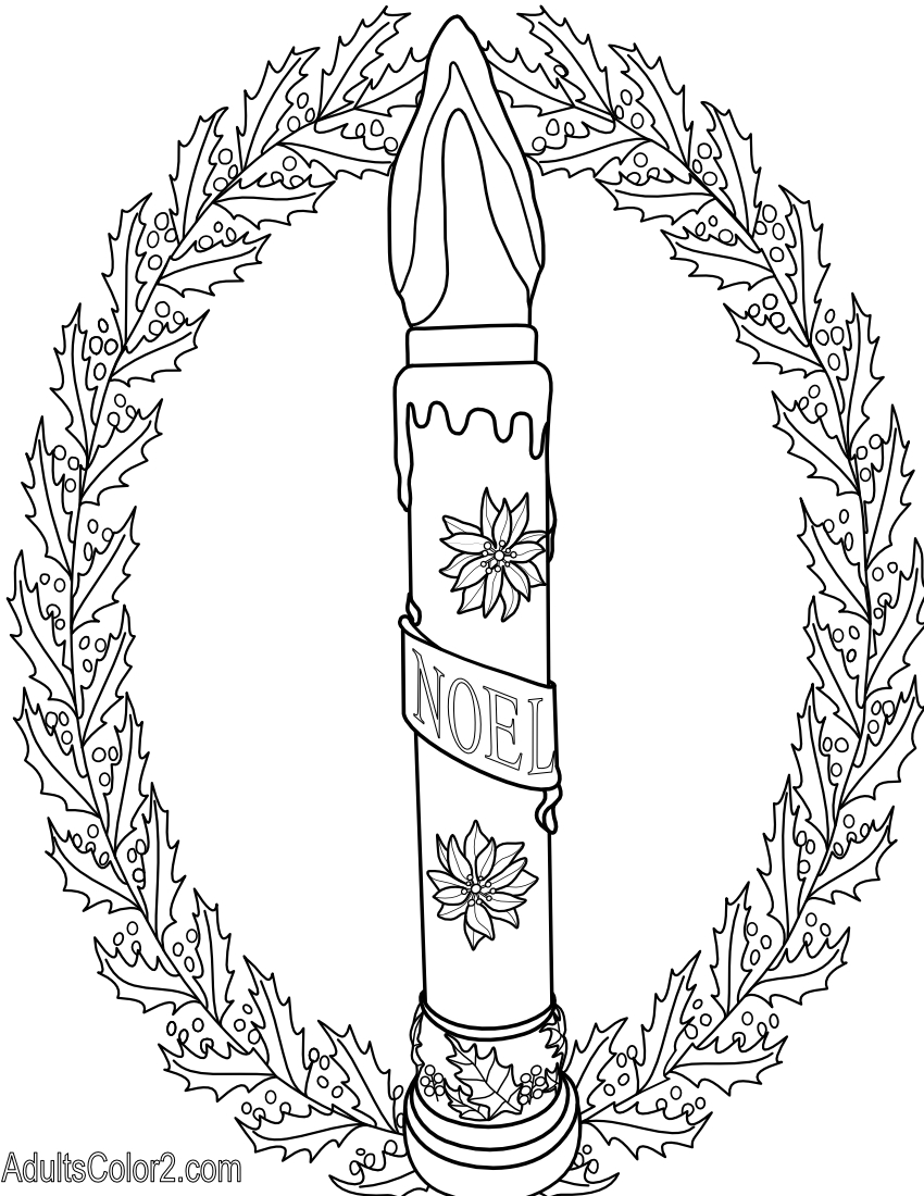Line drawing of a wreath with a candle in the center.