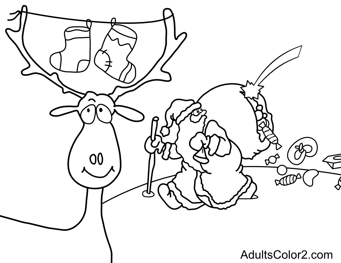 Cartoon Santa with reindeer.