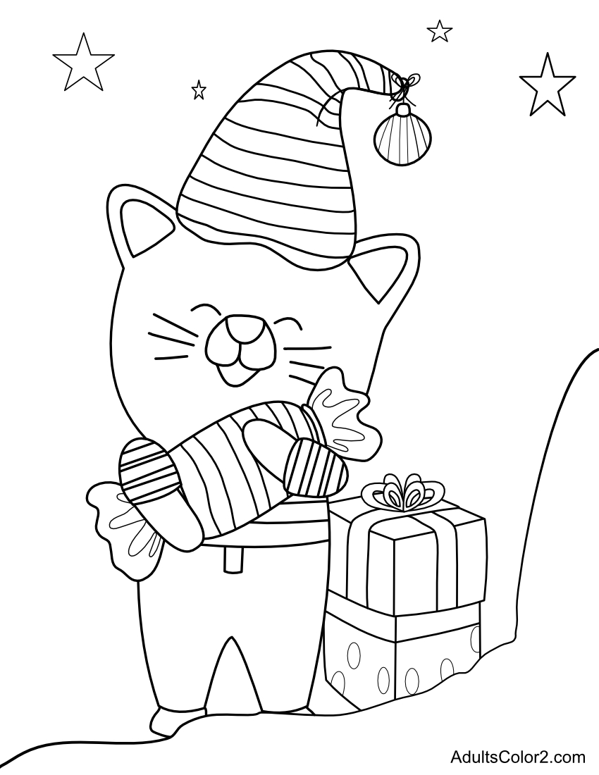 Cat hugging Christmas candy.