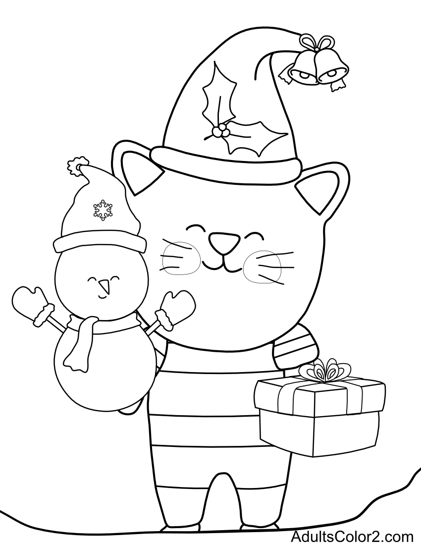 Cat holding a tiny snowman.