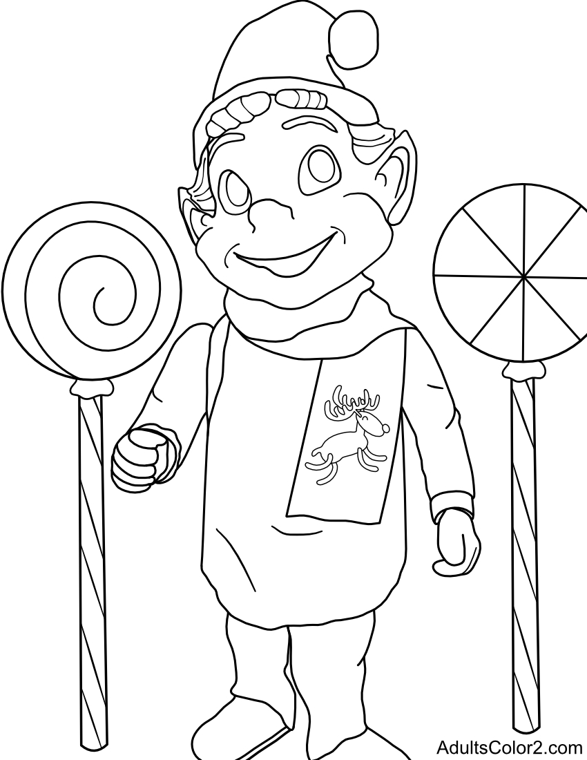 Line drawing of an elf with lollipops.