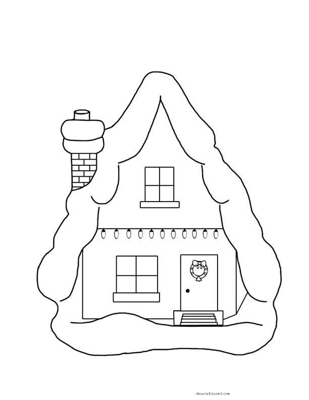 Line drawing of a snow covered cottage.