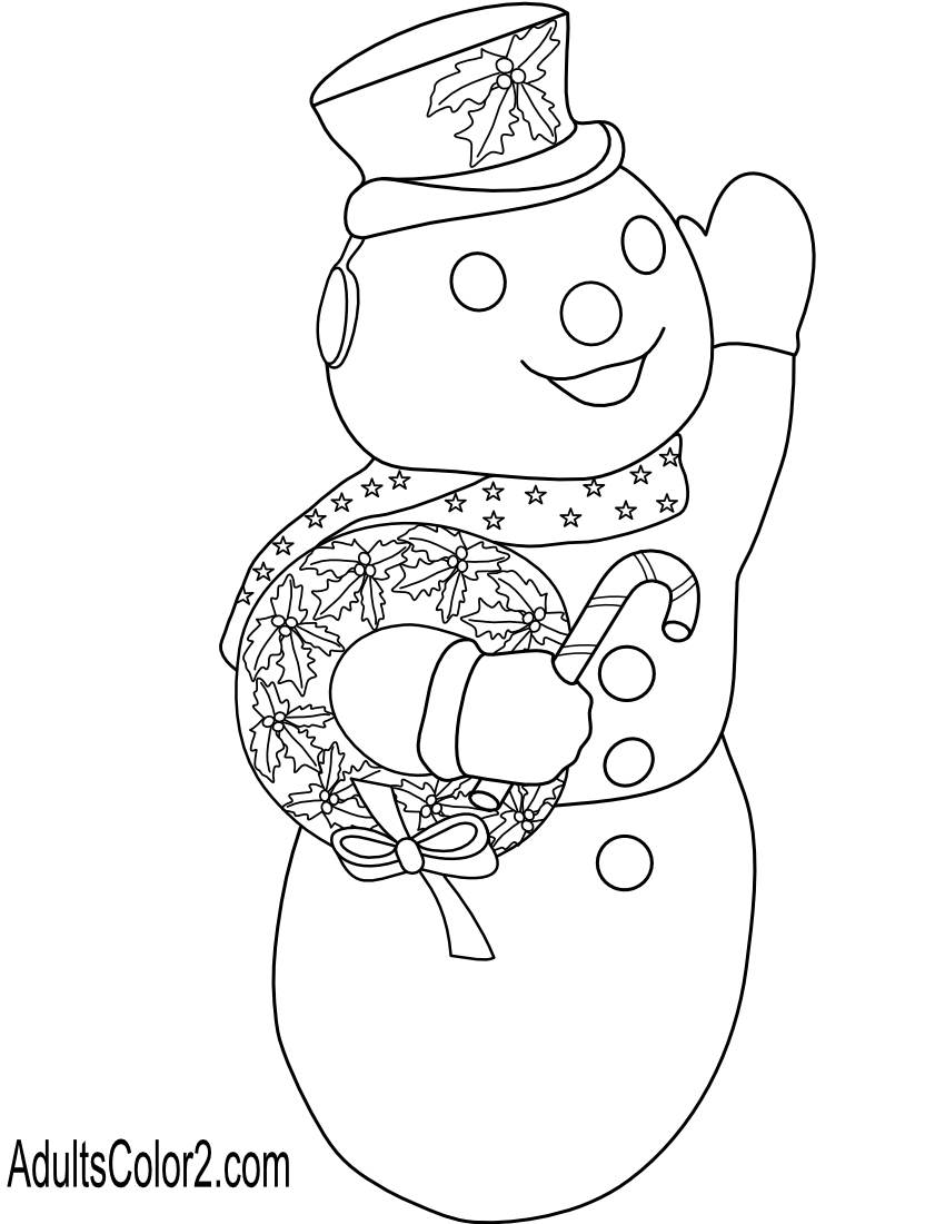 Line drawing of a snowman with candy cane wreath.