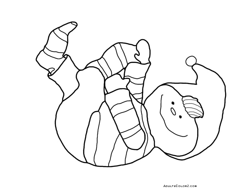 Line drawing of an elf rolling on the floor.