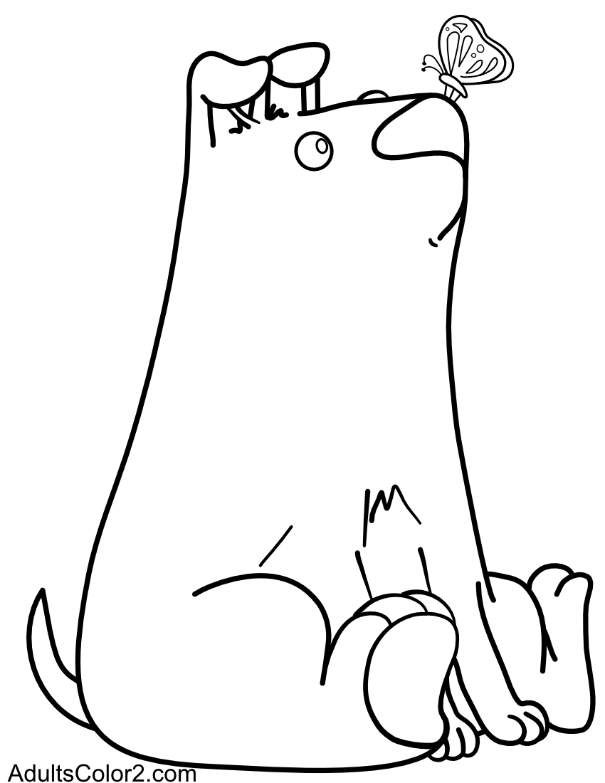 Sketch of a dog with a butterfly on her nose.