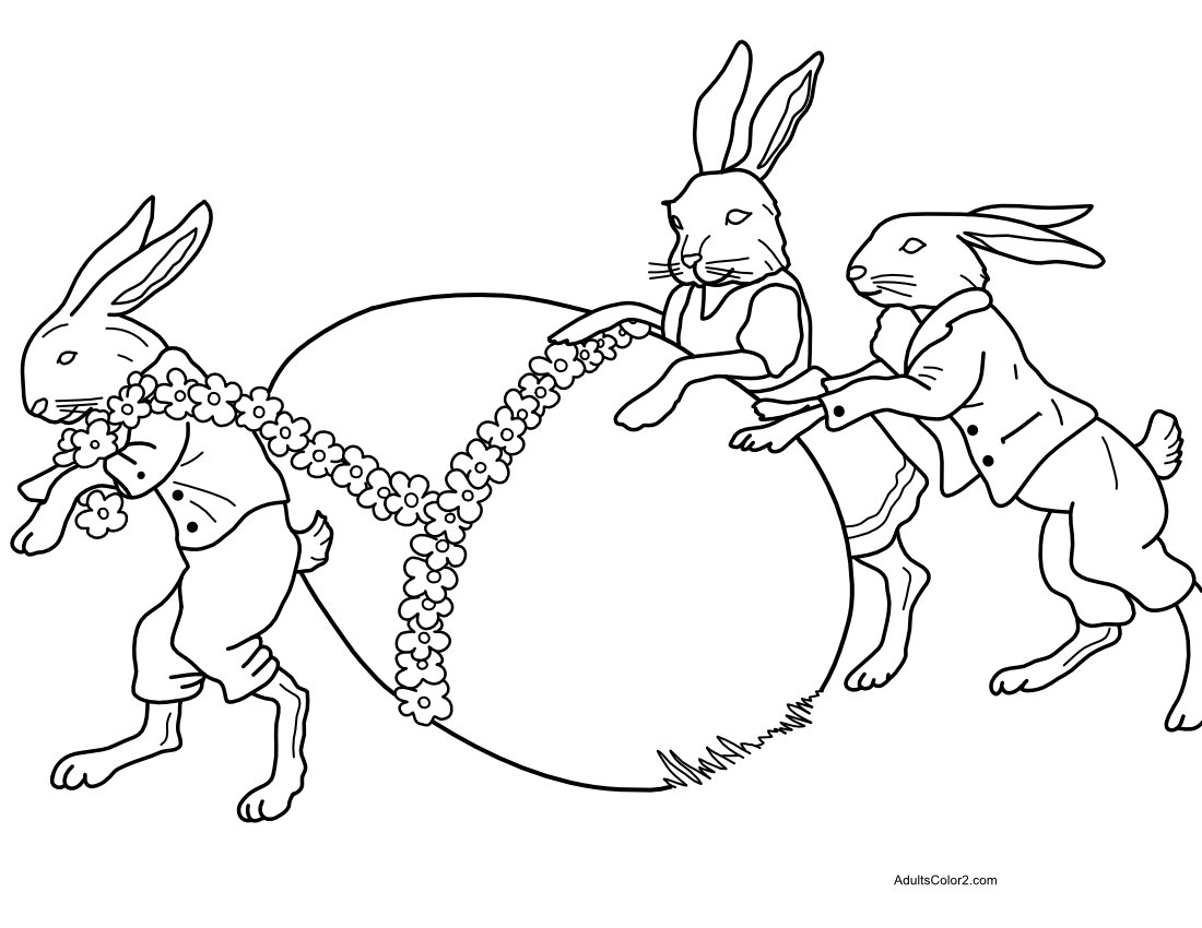 Coloring page of three Easter bunnies dragging a large egg.