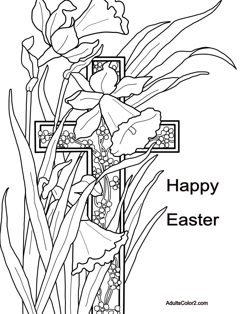 Happy Easter greetings with narcissus and cross drawing.