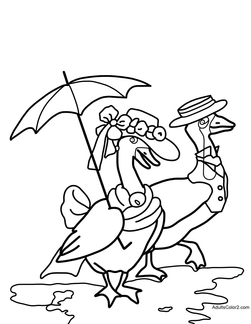 Coloring sheet of a pair of ducks parading in their Easter finery.