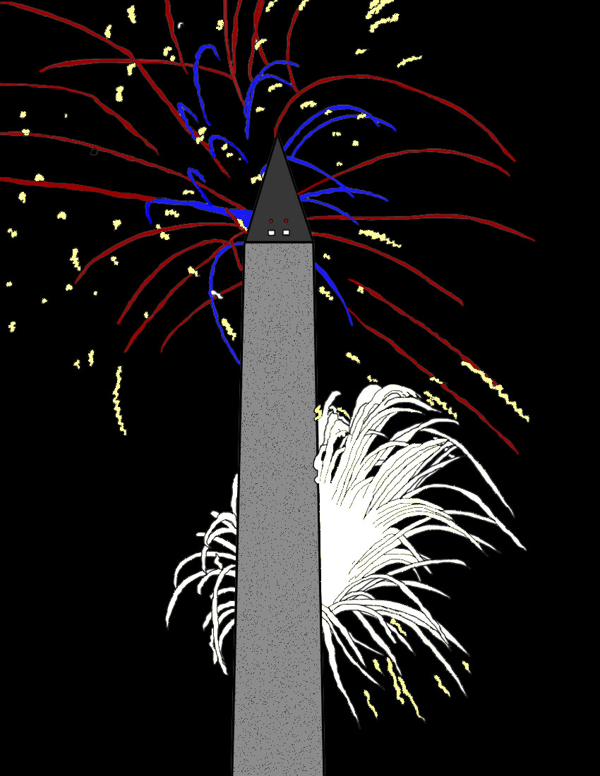 Drawing of fireworks and the Washington Monument.