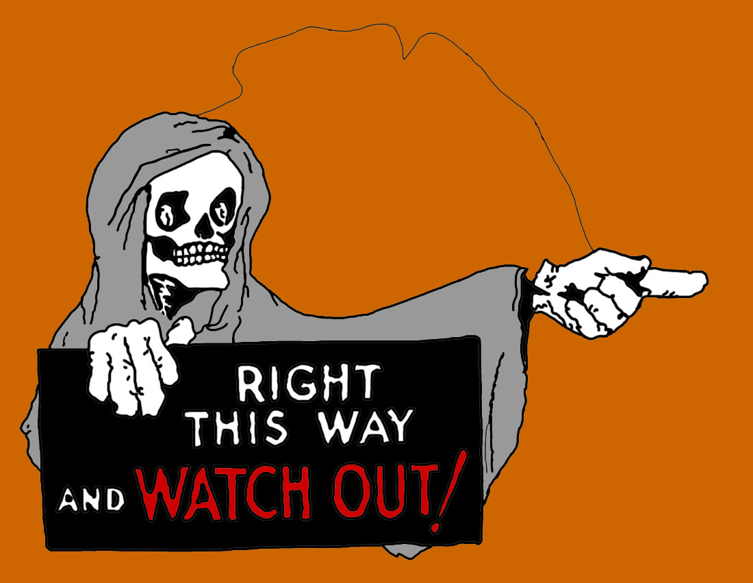 Skeleton holding sign.