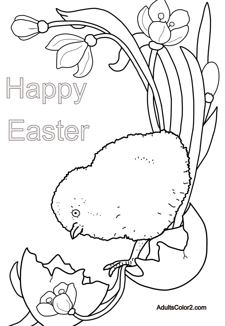 Line drawing of a chick and the words Happy Easter.