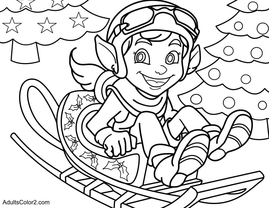 Drawing of a female elf sledding past decorated trees.