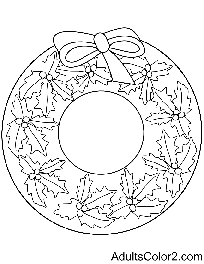 Line drawing of a holly wreath with bow.