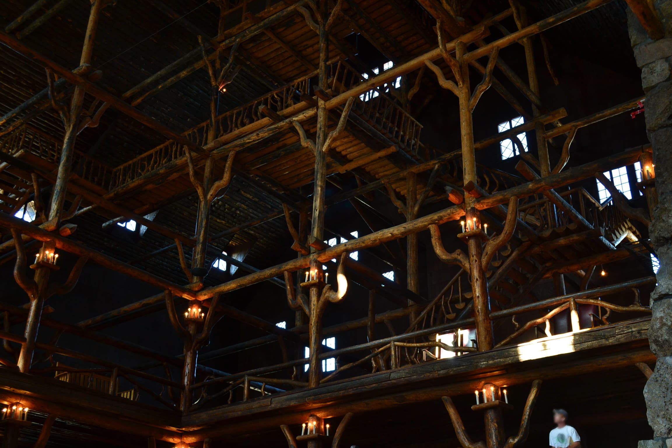 Intricate woodwork in the Old Faithful Inn.