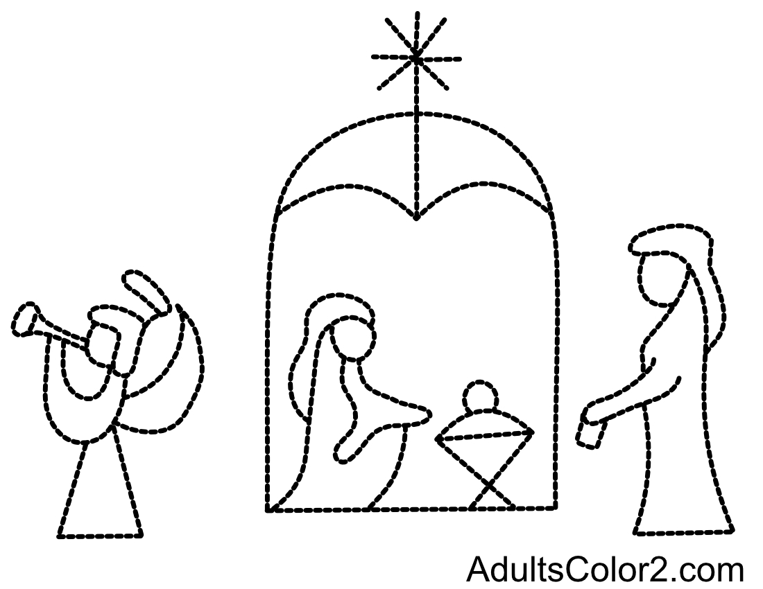 Line drawing of Nativity with angel.