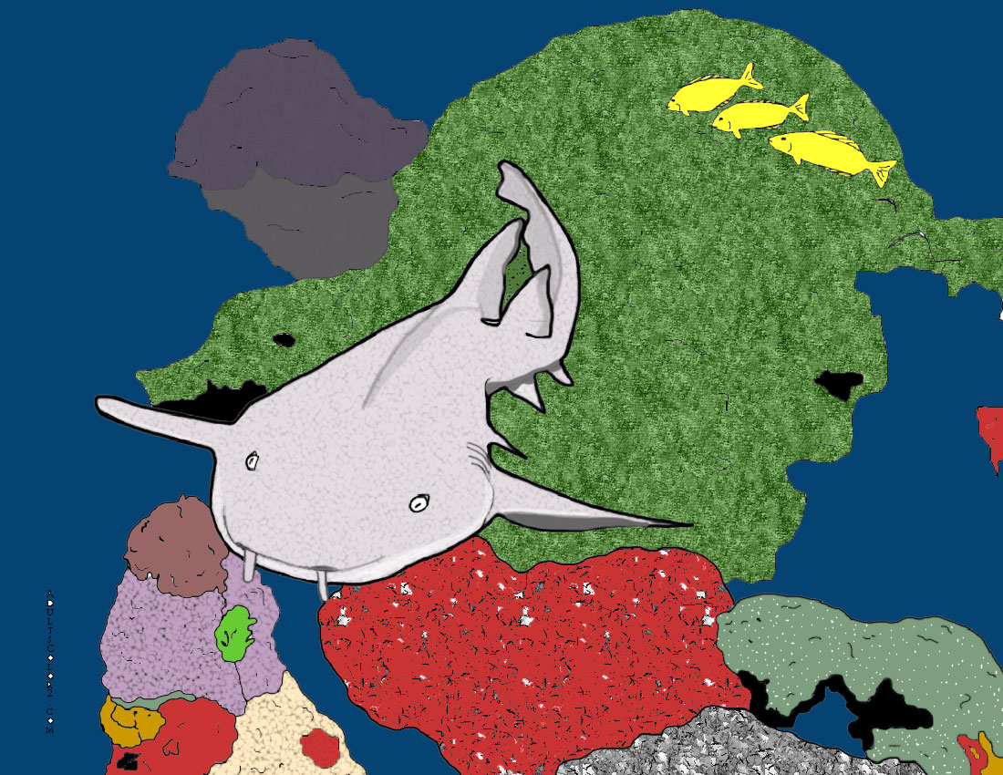 Nurse shark swimming over reef colored drawing. Colored nurse shark drawing.