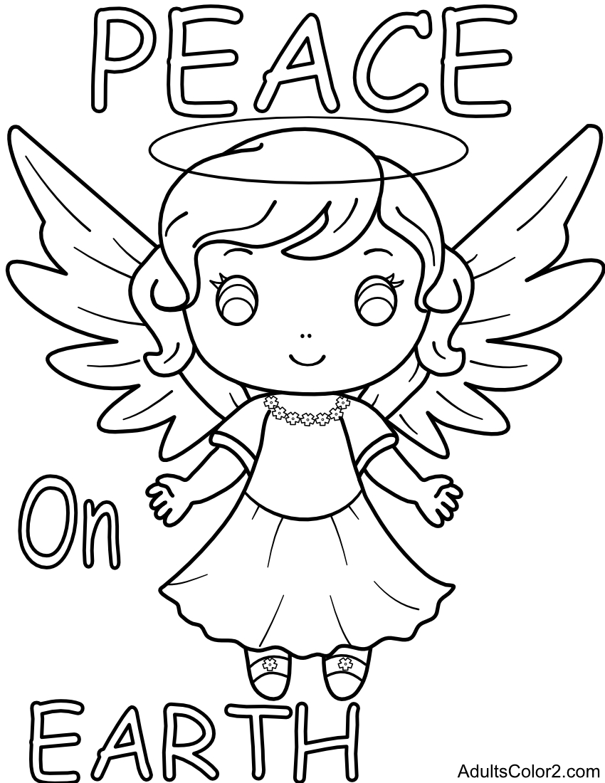 Line drawing of an angel with peace message.