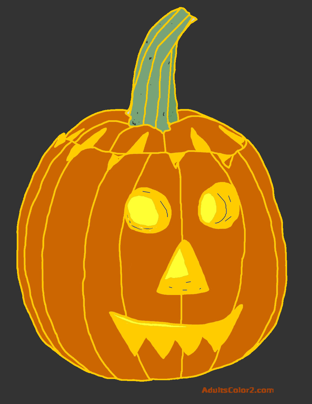 Colored in drawing of a lit Jack o' Lantern.