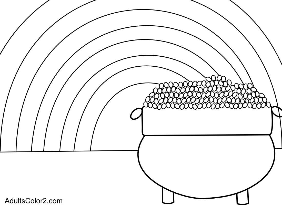 Pot o' gold under a rainbow coloring page.
