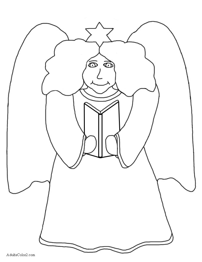 Line drawing of an angel with song book.