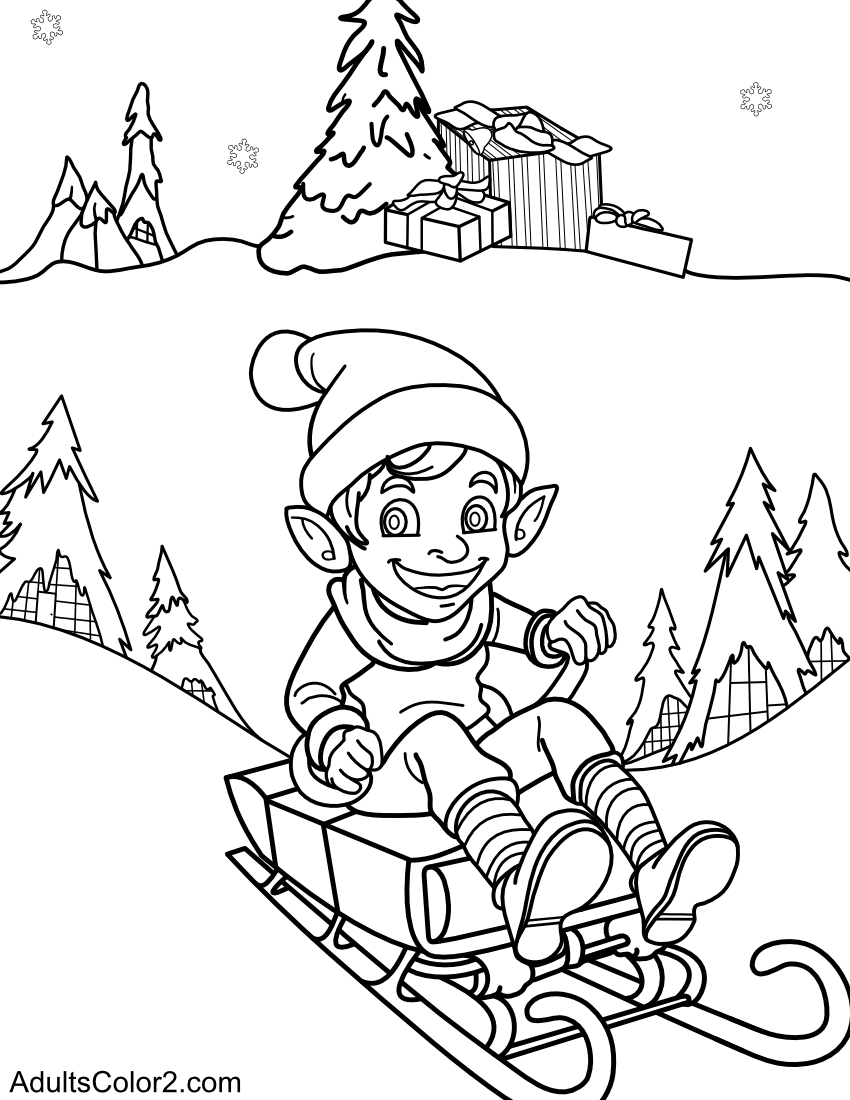 Line drawing of an elf sledding on a hill with tree homes and Christmas gifts in the background.