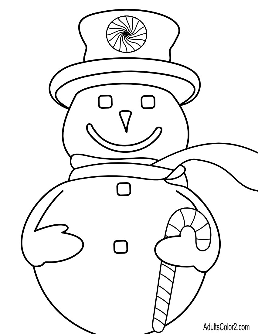 Snowman with a candy cane and a peppermint on his hat.