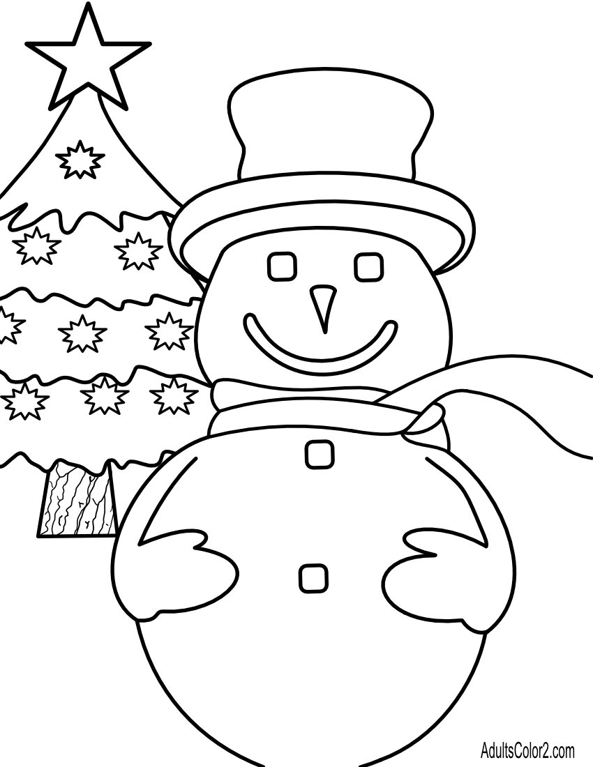 Line drawing of a snowman standing in front of a Christmas tree.