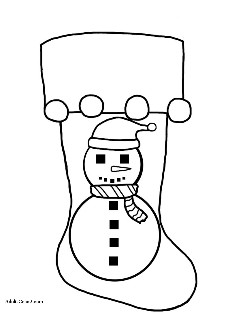 Line drawing of a snowman on a stocking.