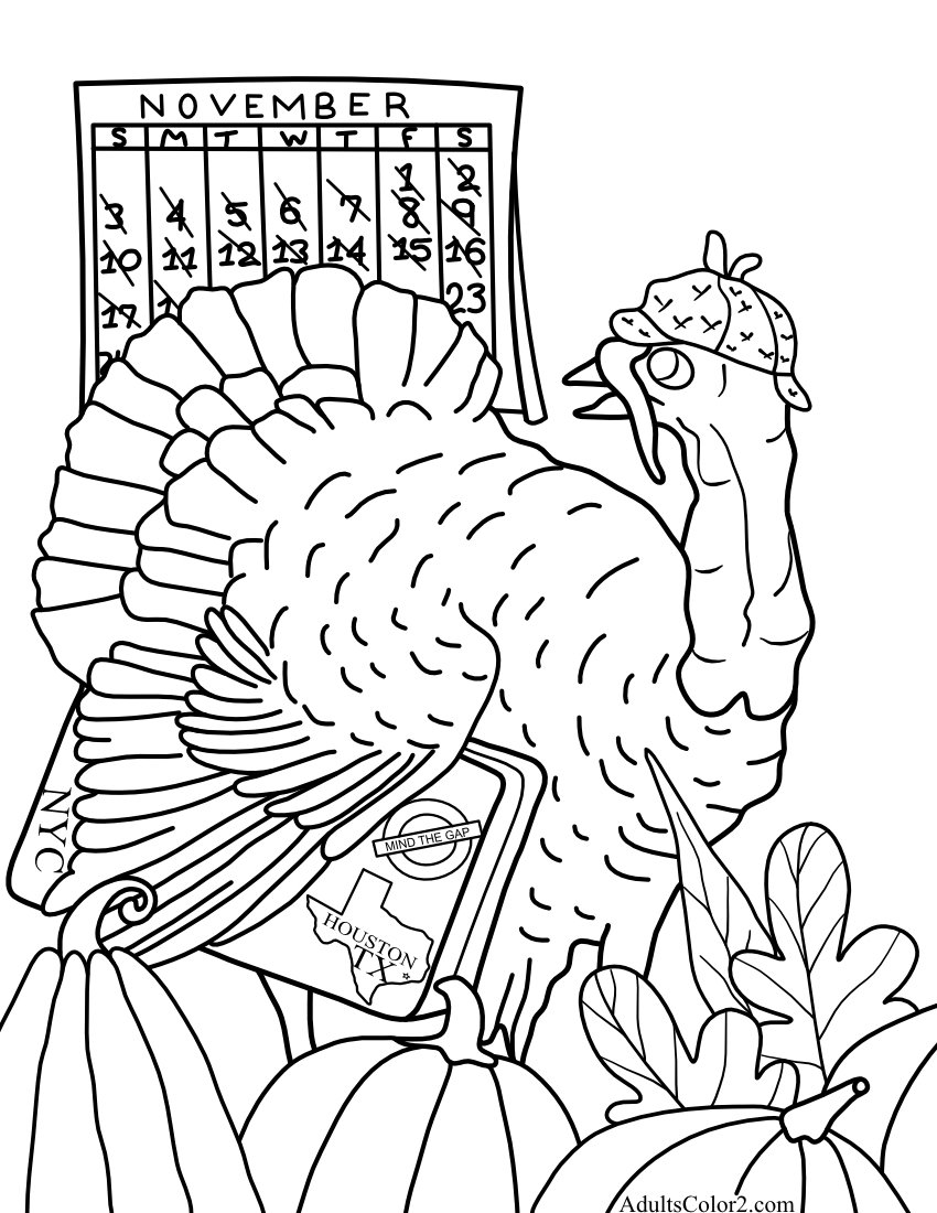 Cartoon drawing of a turkey ready to travel checking date on the November calendar.