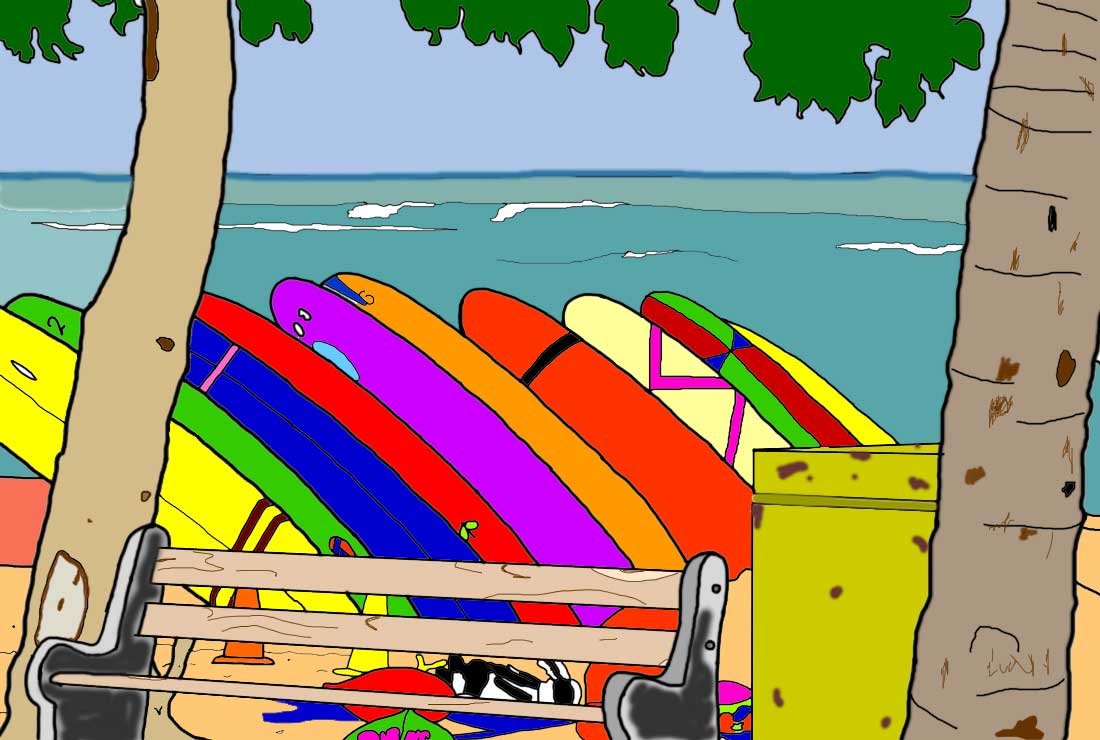 Surfboards on Waikiki page colored in. Surfboards on Waikiki page colored in.