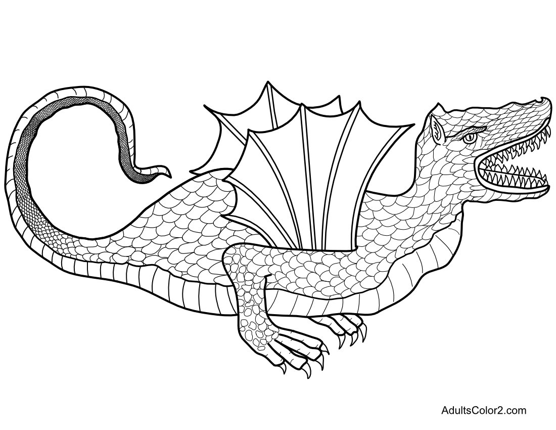 Scaly, toothy winged dragon.